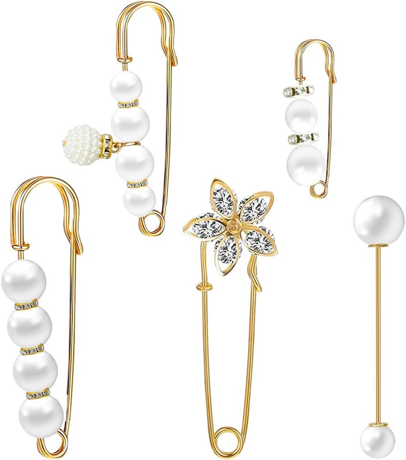 yuntop 5 Pieces Pearl Brooch Safety Pins for Clothes Safety Pin for Women Fashion Sweater Shawl Collar Dresses Cardigan Clips Faux Crystal Pearl Brooches Set for Girls Jewelry Decoration Accessories (Gold) - Image 1